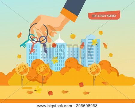 Real estate agency. Autumn city street in background of houses. Working, business deals, real estate contract deals. Business property investment. Buying, selling houses. Vector illustration isolated.
