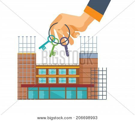 Real estate agency. Hand with keys on background construction of houses. Working, real estate contract deals. Business property investment. Sale of apartments in a new house. Vector illustration.