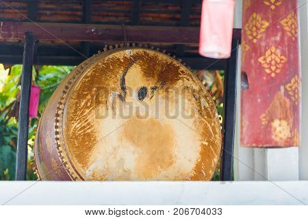 Decorated Drum In The Temple Wat Sensoukaram In Louangphabang, Laos. Close-up.