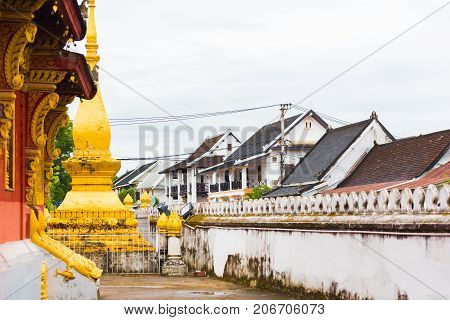 View Of The Courtyard Of The Wat Sensoukaram Temple In Louangphabang, Laos. Copy Space For Text.