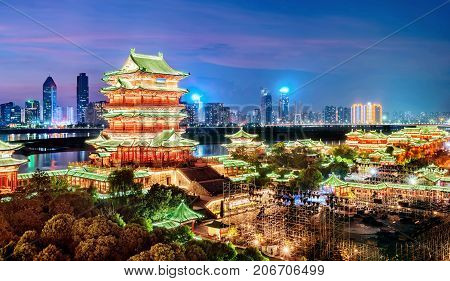 nanchang tengwang pavilion at night is one of chinese famous ancient building