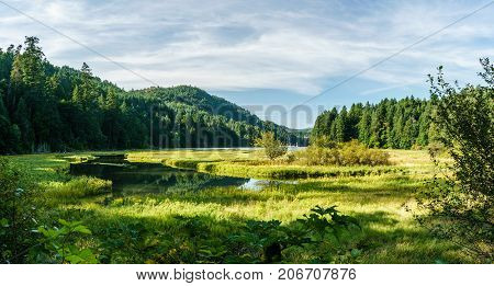Shallow Water In Goldstream Provincial Park With Mountains On Background And Cloudy Sky.