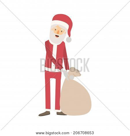 santa claus caricature full body dragging a gift bag hat and costume on colorful silhouette vector illustration