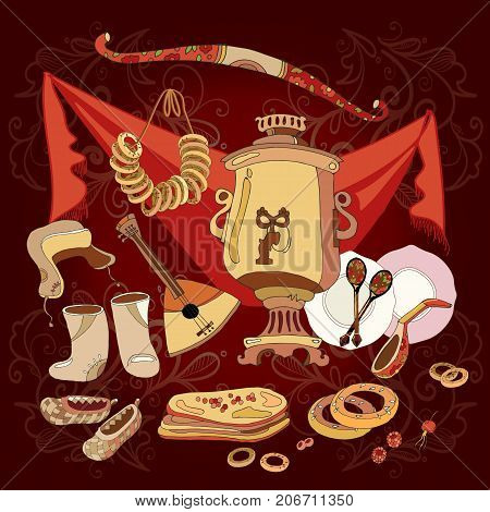 Traditional Russian cuisine and culture. Balalayka samovar matryoshka hand drawn vector. Welcome to Russia