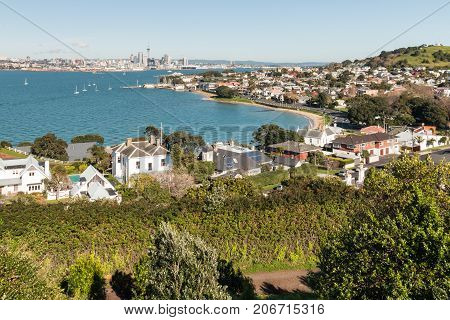 aerial view of Devonport suburb and Auckland CBD, New Zealand