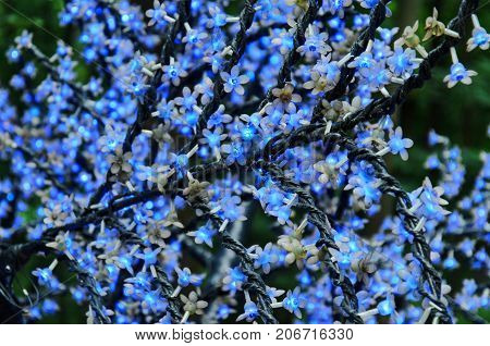 Christmas Led Lights In The Form Of Flowers, Blue Bokeh, Selected Focus