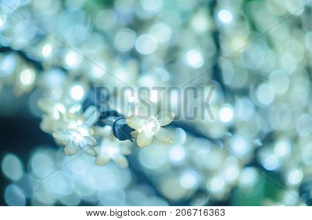 Christmas Led Lights In The Form Of Flowers, Blue Bokeh, Selected Focus