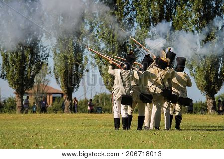 Villa Sorra Italy - July 17 2016: People on Napoleonica event. Costumed reconstruction of historical battle. Castelfranco Emilia Modena
