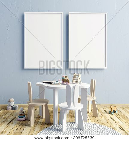 Mock up poster in interior of the child. playroom. modern style. 3d illustration