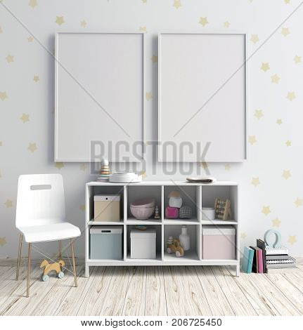 Mock up poster in interior of the child. playroom. modern style. 3d illustration