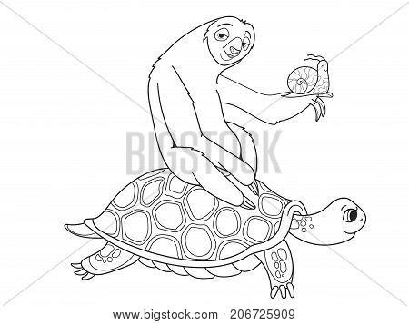 Long Journey, speed. Three friends went on a long trip. Sloth and snail riding a turtle. Vector cartoon coloring book.