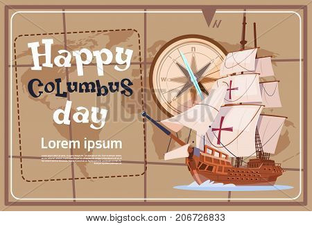 Happy Columbus Day America Discover Holiday Poster Greeting Card Flat Vector Illustration