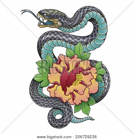 oriental snake with peony flower vector illustration