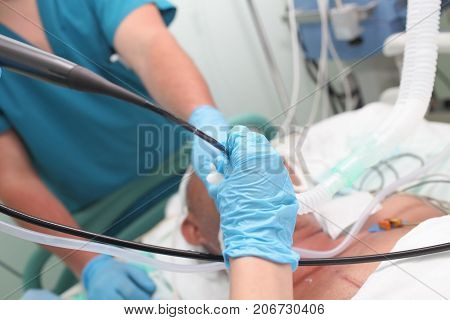 Bronchoscopy process in patients with severe lung disease who performed a group of doctors at the hospital.