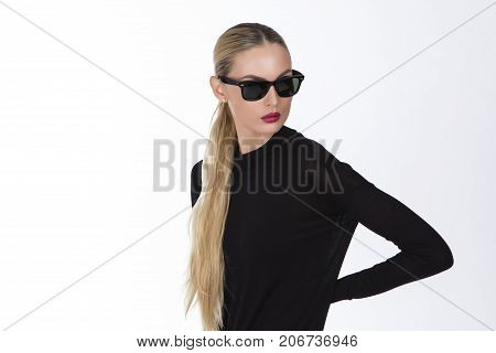 Woman in Black. Black Classic Glasses. Studio Shot.