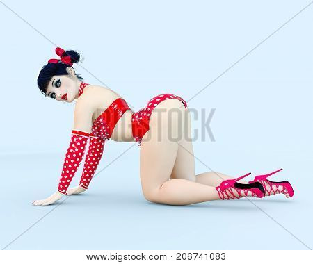 3D sexy girl doll big blue eyes and bright makeup. Woman retro style red shorts. High heel. Bows in dark hair. Conceptual fashion art. Seductive candid pose. Photorealistic render illustration.