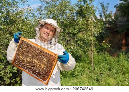 closeup portrait of beekeeper holding a honeycomb full of bees. Beekeeper in protective workwear inspecting honeycomb frame at apiary. Beekeeping concept. Beekeeper harvesting honey. Copy space