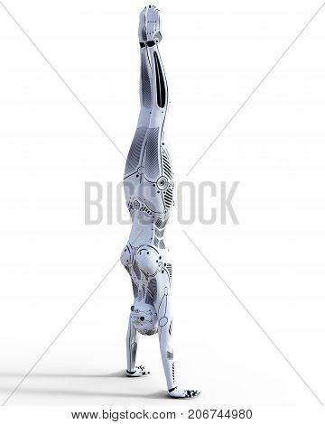 Dancing robot woman. White metal droid. Artificial Intelligence. Conceptual fashion art. Realistic 3D render illustration. Studio, isolate, high key.