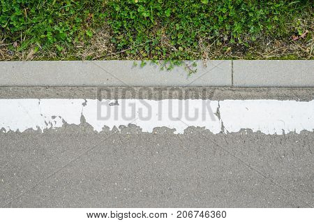 Asphalt Road with White Marking Strip and Lawn Texture. Texture of the Road Surface Element with Adjacently Pavement Curb Stone and Green Lawn