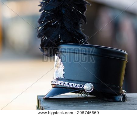 a drum majors shako waiting for performance time