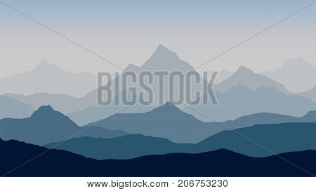panoramic view of the mountain landscape with fog in the valley below with the alpenglow blue-grey sky and rising sun - vector