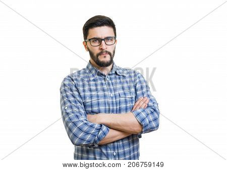 Serious bearded man portrait with rolled sleeves