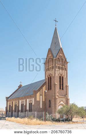 KARIBIB NAMIBIA - JULY 3 2017: The Evangelical Lutheran Church in Karibib a small town in the Erongo Region of Namibia. Completed in 1910