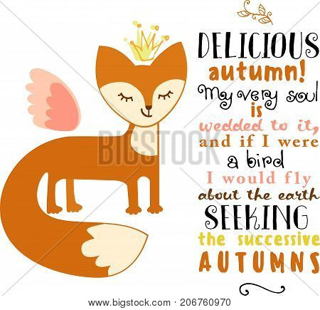 autumnal greeting card with cute little fox