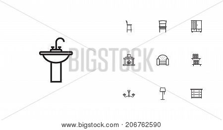 Collection Of Sofa, Chandelier, Bar Stool Elements.  Set Of 10 Situation Outline Icons Set.