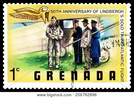 STAVROPOL RUSSIA - September 29 2017: a stamp printed in Grenada shows Charles Lindbergh trans-atlantic flight cirka 1977