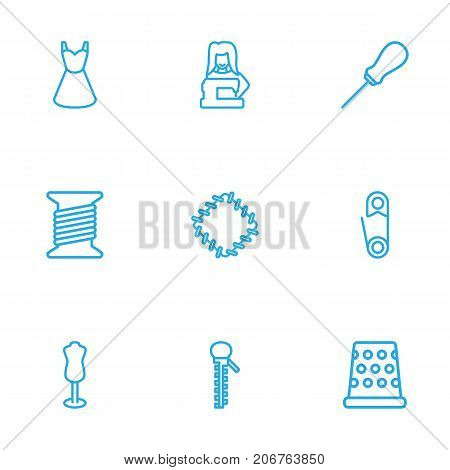 Collection Of Dummy, Awl, Tailor And Other Elements.  Set Of 9 Sewing Outline Icons Set.