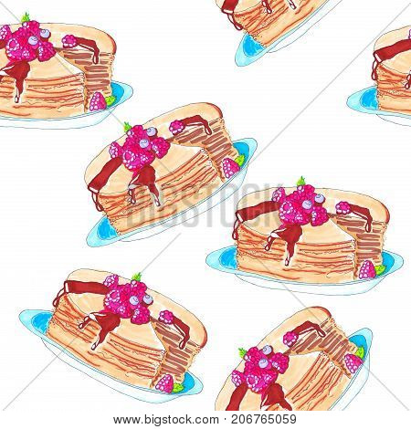 Seamless raster pattern with colored raspberry cakes on pink background.