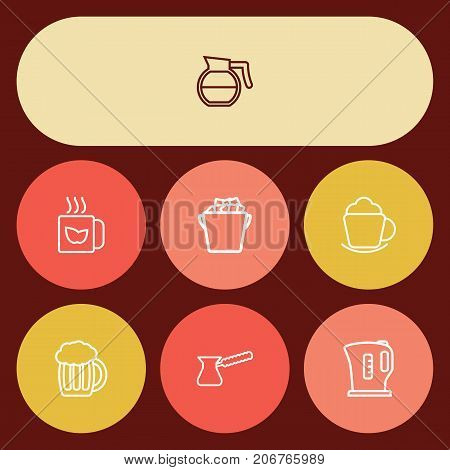 Collection Of Beer, Pot, Kettle And Other Elements.  Set Of 7 Beverages Outline Icons Set.