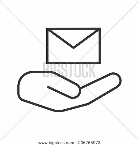 Open hand with envelope linear icon. Thin line illustration. Free email services. Contour symbol. Vector isolated outline drawing