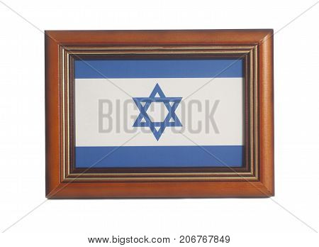 Flag of Israel in wooden frame isolated on a white background