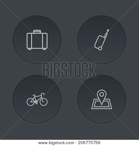 Collection Of Bike, Bag, Suitcase And Other Elements.  Set Of 4 Relax Outline Icons Set.