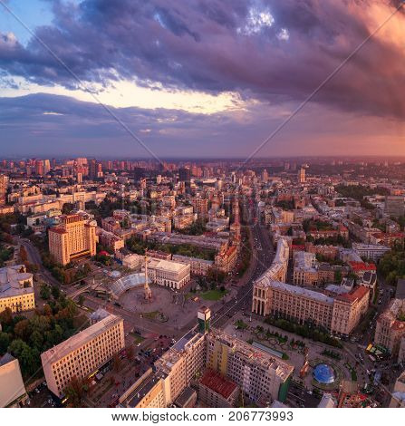 Aerial view of the central street of Kiev - Khreshchatyk, the European Square, Independence Square, Stalin and modern architecture. Ukraine