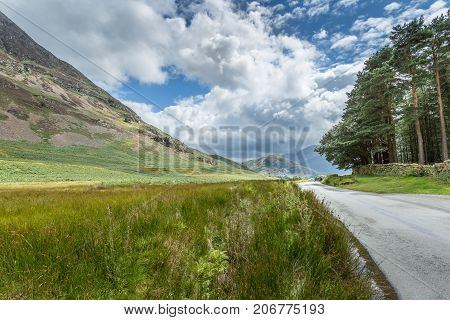 A landscape view of the area around Crummock Water one of the lakes in the Lake District Cumbria United Kingdom.