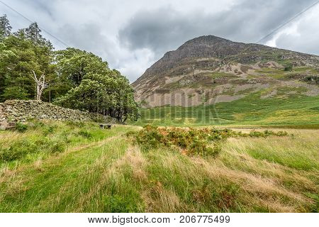 A landscape view of the area around Crummock Water one of the lakes in the Lake District Cumbria United Kingdom.