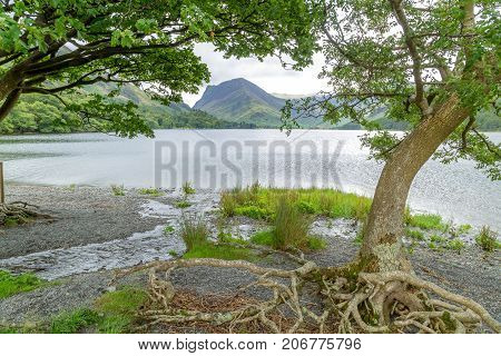 A landscape view of Buttermere one of the lakes in the Lake District Cumbria United Kingdom.