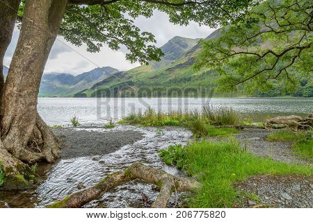A landscape view of Buttermere one of the lakes in the Lake District Cumbria United Kingdom.