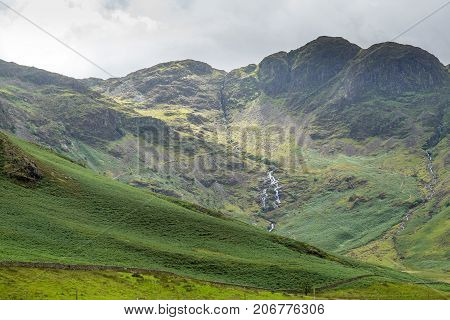 A landscape view of Buttermere one of the lakes in the Lake District Cumbria United Kingdom.