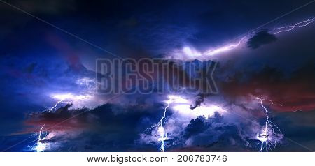 Thunderstorm clouds with lightning at night, rainstorm.