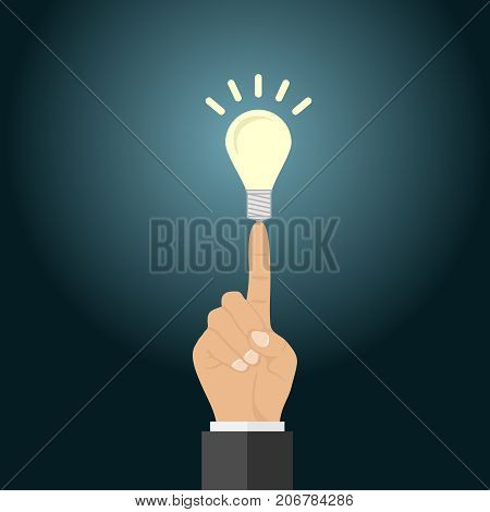 A light bulb on the tip of a finger. Concept of business idea. Flat design vector illustration vector.