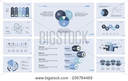 Business presentation design set for workflow layout, diagram, web design. Marketing and trade concept. Option chart, atom graph, pie chart, percentage chart, venn graph, scatter plot, process diagram