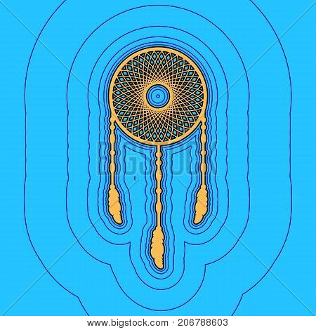 Dream catcher sign. Vector. Sand color icon with black contour and equidistant blue contours like field at sky blue background. Like waves on map - island in ocean or sea.