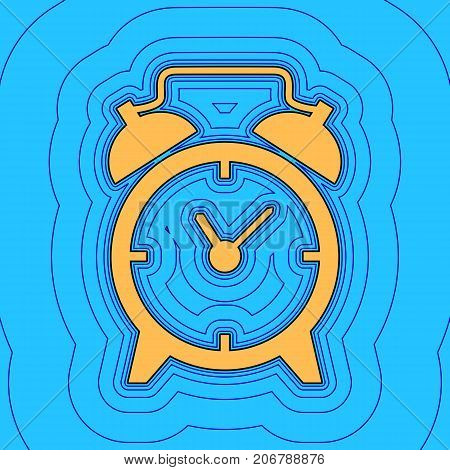 Alarm clock sign. Vector. Sand color icon with black contour and equidistant blue contours like field at sky blue background. Like waves on map - island in ocean or sea.