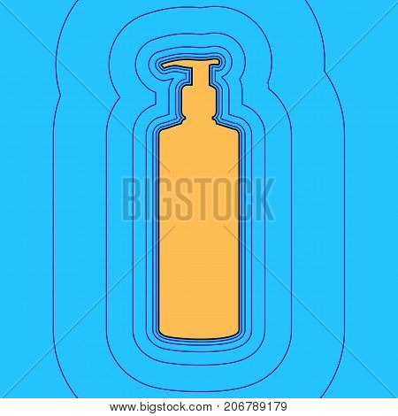 Gel, Foam Or Liquid Soap. Dispenser Pump Plastic Bottle silhouette. Vector. Sand color icon with black contour and equidistant blue contours like field at sky blue background. Like waves on map - island in ocean or sea.