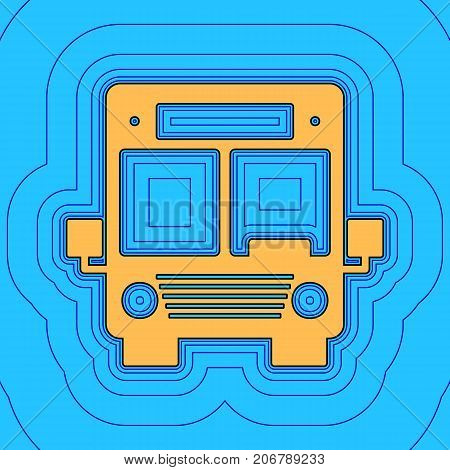 Bus sign illustration. Vector. Sand color icon with black contour and equidistant blue contours like field at sky blue background. Like waves on map - island in ocean or sea.