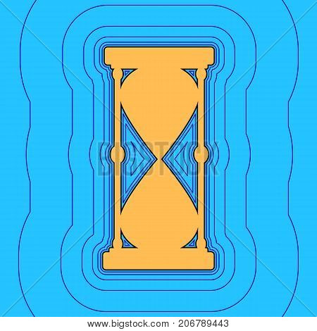 Hourglass sign illustration. Vector. Sand color icon with black contour and equidistant blue contours like field at sky blue background. Like waves on map - island in ocean or sea.